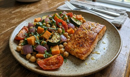 Salmón con vegetales asados